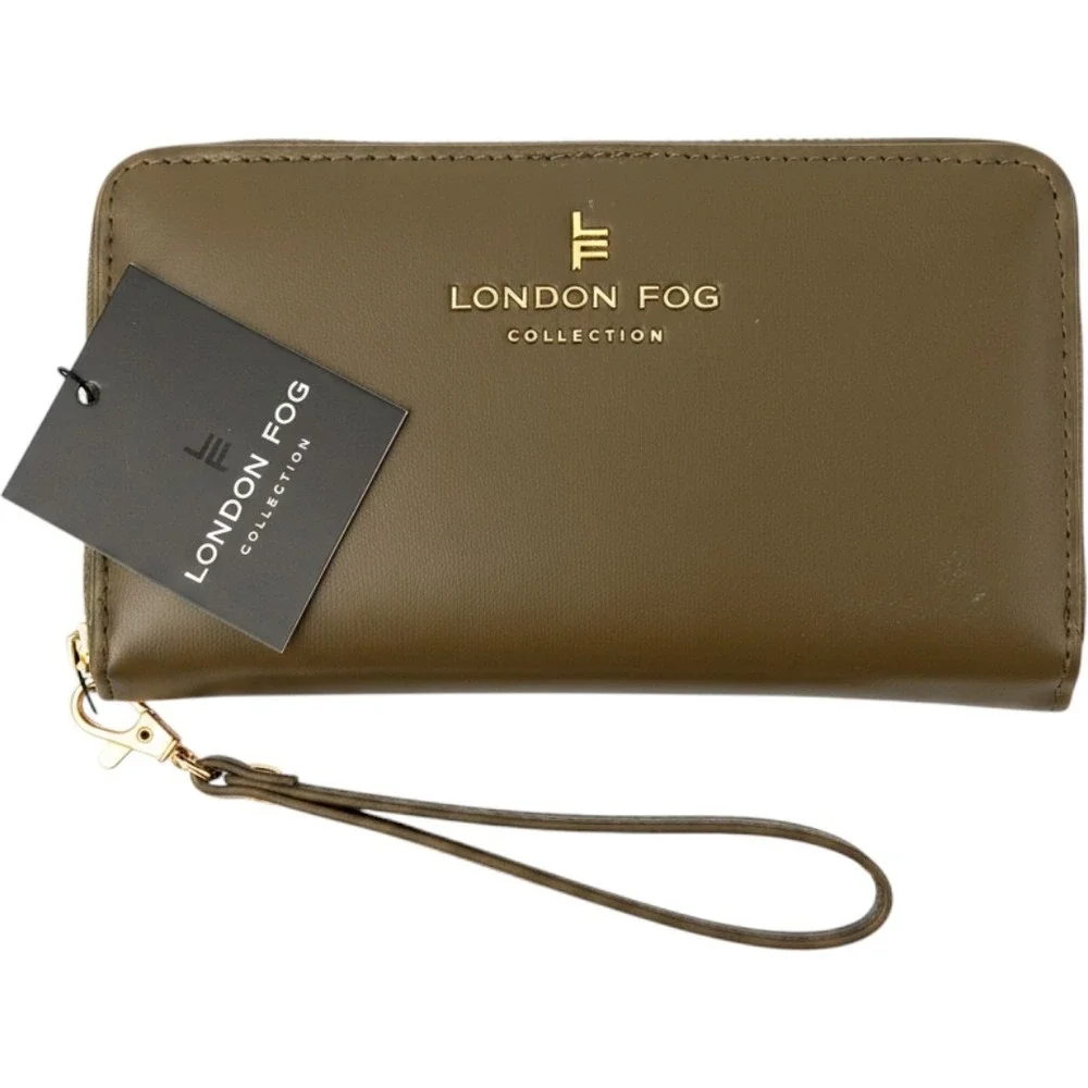 London Fog Collection Olive Green Wristlet Wallet Gold Tone Hardware NWT